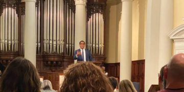 Gardner preaches his message in Hodges Chapel.