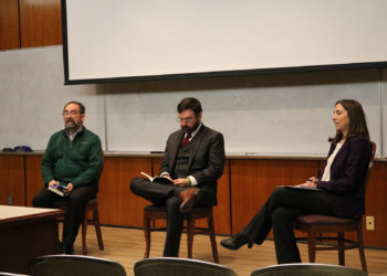P. Andrew Montgomery (left), Jason Baxter (center) and Julianne Sandberg (right) led the evening’s discussions.