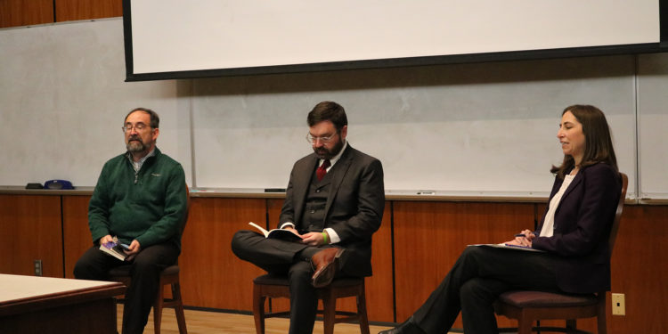 P. Andrew Montgomery (left), Jason Baxter (center) and Julianne Sandberg (right) led the evening’s discussions.